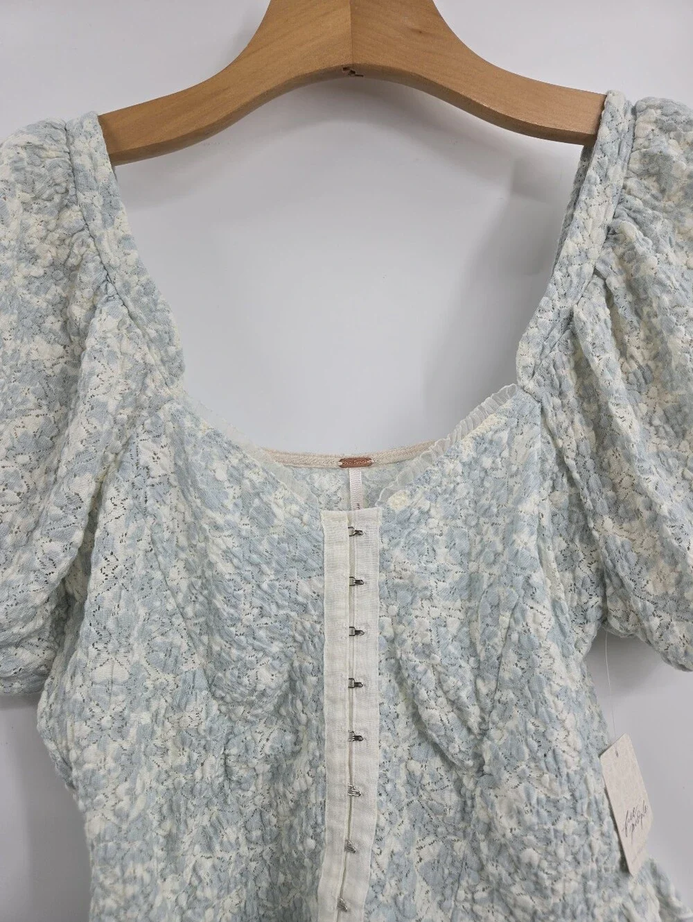 Free People Oh Baby Lace Top Light Blue Floral Puff Sleeve Peasant